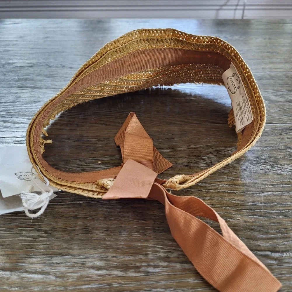 Laline Straw Visor Summer 23 Tan Woven Sun Hat with Ribbon Tie New With Tags
